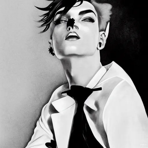 Image similar to beautiful portrait of androgynous ruby rose as desire from sandman in a white tuxedo!!!, rockabilly style,, by alphonse mucha, by jeremy mann, by peter lindbergh, cedric peyravernay, by frank moth, white suit and black tie, soft lightning, high detailed, 8 k