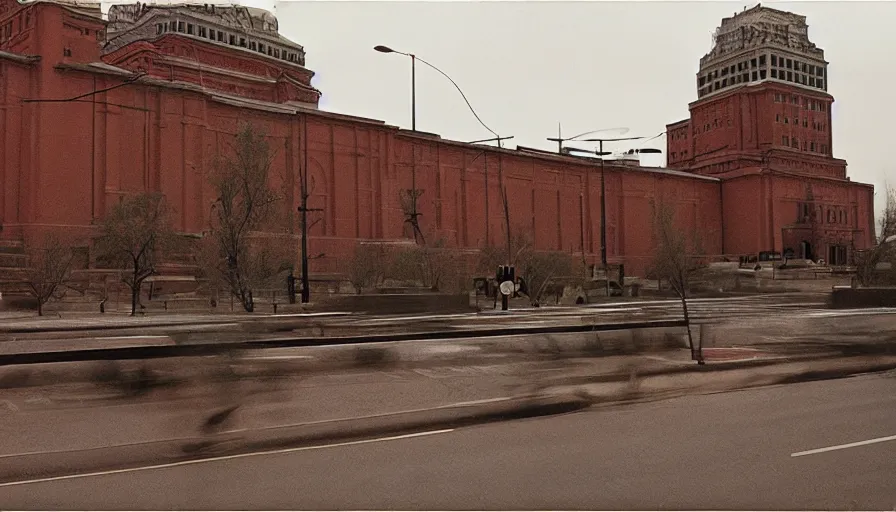 Image similar to 60s movie still of a sovietic museum stalinist style, cinestill 800t 10mm eastmancolor, liminal Space style, heavy grain, high quality, high details, panoramic