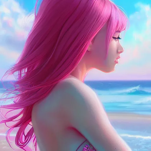 Prompt: teen girl, pink hair, gorgeous, amazing, elegant, intricate, highly detailed, beach setting, digital painting, artstation, concept art, sharp focus, illustration, art by Ross tran