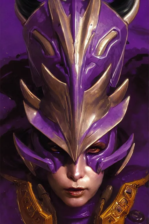 Image similar to extreme close up, facial portrait, woman with a long black ponytail in purple sci - fi armor, wearing a kitsune mask, shoulder pad is a glowing oni mask, striking pose, portrait dnd, painting by gaston bussiere, craig mullins, greg rutkowski, yoji shinkawa