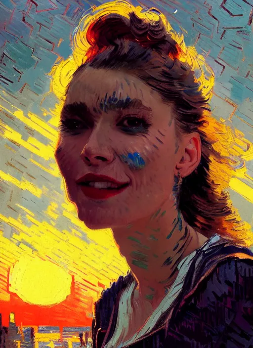 Image similar to portrait of a beautiful girl, new york backdrop, smiling, ecstatic, eyes closed, open mouth, sunset shades, beautiful face, rule of thirds, intricate outfit, spotlight, by greg rutkowski, by jeremy mann, by francoise nielly, by van gogh, digital painting