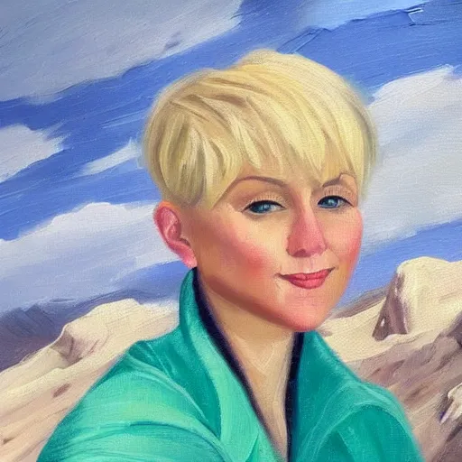 Image similar to a woman with short blonde hair poses on a mountain, oil painting,