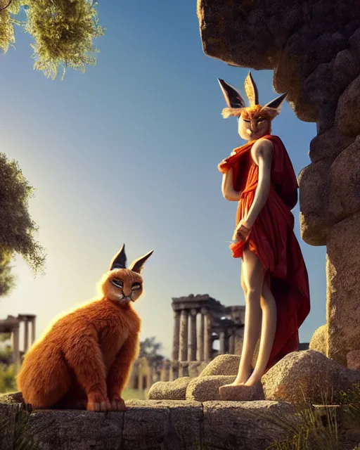 Image similar to fullbody photo of humanoid cute fluffy caracal dressed in toga, sun behind him, ancient greek city, sunny day, by ilya kuvshinov, rtx rendering, octane render 1 2 8 k, maya, extreme high intricate details by tom bagshaw, medium shot, composition by sana takeda, lighting by greg rutkowski