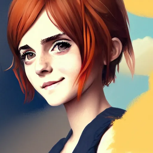 Prompt: eautiful anime girl, emma watson, orange glowing hair, sarcastic smiling, clear clean face, symmetrical face, blurry background, pose, trending on artstation, alexandra fomina artstation, face by ilya kushinov style, style by loish, norman rockwell, painterly style, flat illustration, high contrast