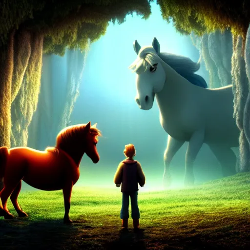 Prompt: the horse and his boy, narnia, pixar, disney, volumetric, crisp, cinematic, 4 k