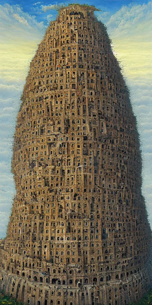 Prompt: tower of babel by tomek setowski, surreal oil painting, dream like, highly detailed, symmetry, masterpiece