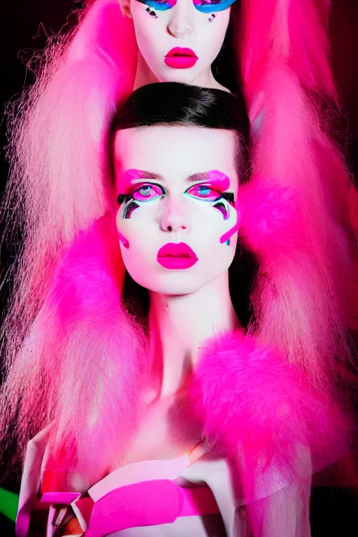 Image similar to realistic photoshooting for crazy fashion catwalk, couture, bright colors, vhs colour photography, fashion photography, vogue, 8 0 mm lens, 1. 2 aperture, cinematic light