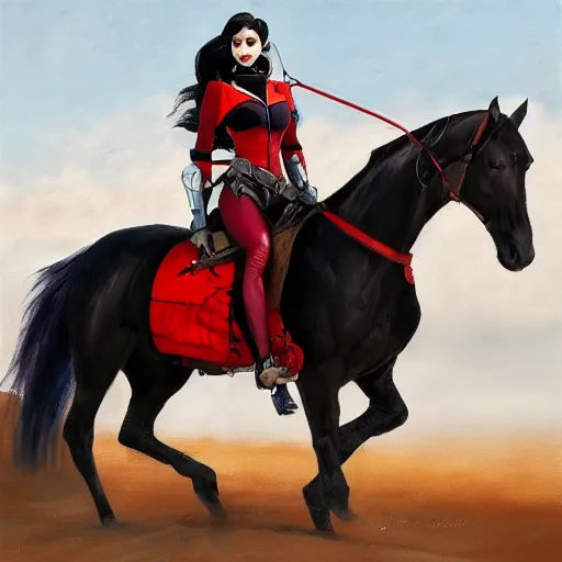 Prompt: oil painting of widowmaker from overwatch in the desert riding on a horse, black and red jacket, collar around neck, very detailed face, feminine face, full body