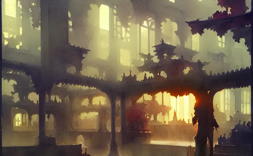 Image similar to armory. intricate, amazing composition, colorful watercolor, by ruan jia, by maxfield parrish, by marc simonetti, by hikari shimoda, by robert hubert, by zhang kechun, illustration, gloomy, volumetric lighting, fantasy