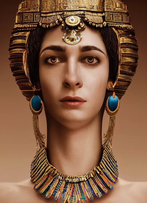 Image similar to closeup portrait of cleopatra, depth of field, zeiss lens, detailed, symmetrical, centered, fashion photoshoot, by Annie Leibovitz and Steve McCurry, David Lazar, Jimmy Nelsson, Breathtaking, 8k resolution, extremely detailed, beautiful, establishing shot, artistic, hyperrealistic, beautiful face, octane render