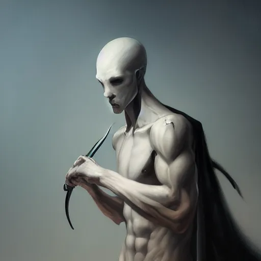 Prompt: fantasy painting of a pale man with a black blade, painted by Bayard Wu, ultra detailed, 8k