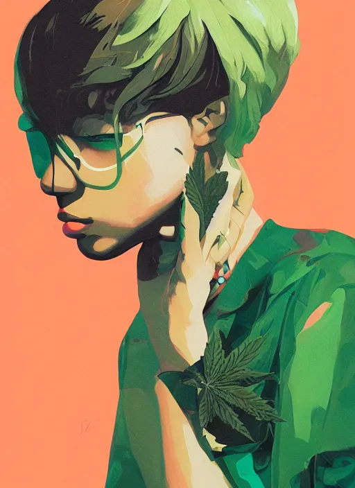 Image similar to cute girl profile picture by sachin teng x ofwgkta, weed, marijuana, organic painting, hard edges, masterpiece, smoke, asymmetrical, green, matte paint, energetic