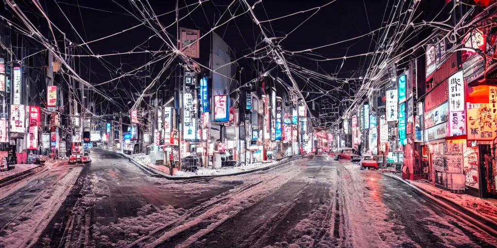 Image similar to a city street at night, snowing, photograph, cyberpunk, sharp focus, intricate detail, drone shot, high resolution, 8k, neon streetlights, wires hanging down everywhere, Japan, colourful, Shrine in centre,