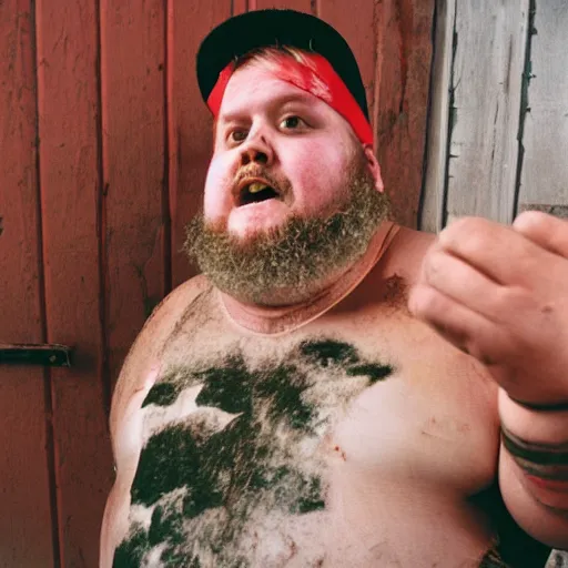 Image similar to obese redneck man with long beard wearing dirty and tattered harvard shirt, kodak gold 2 0 0,