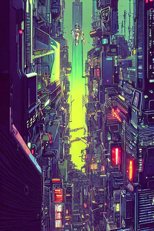 Prompt: A picture of an astronaut in a upside down cyberpunk city by moebius, neon lights, surreal