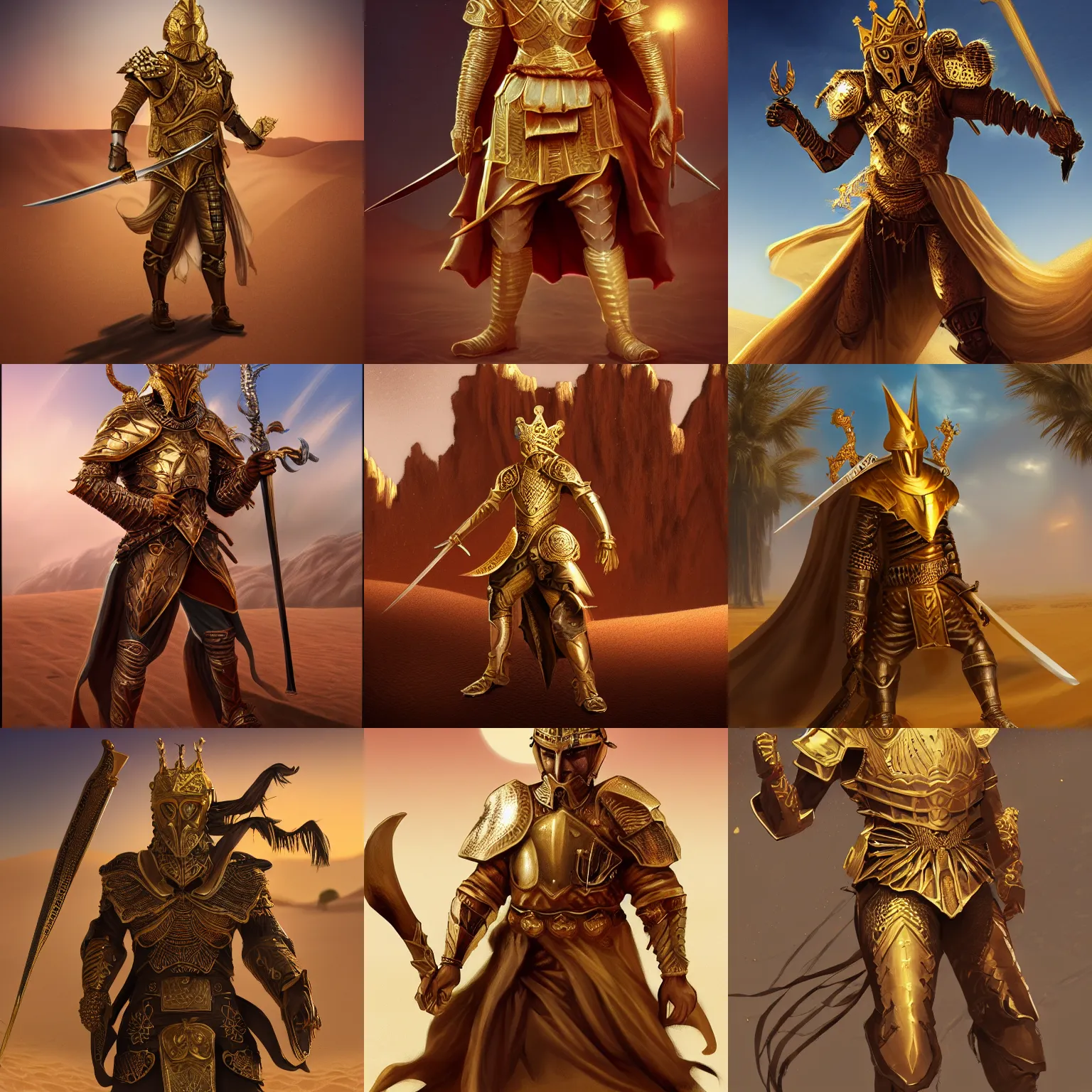 Prompt: king of the desert, fantasy style, sand, gold, golden armour, sword, 4k, character design, trending on artstation