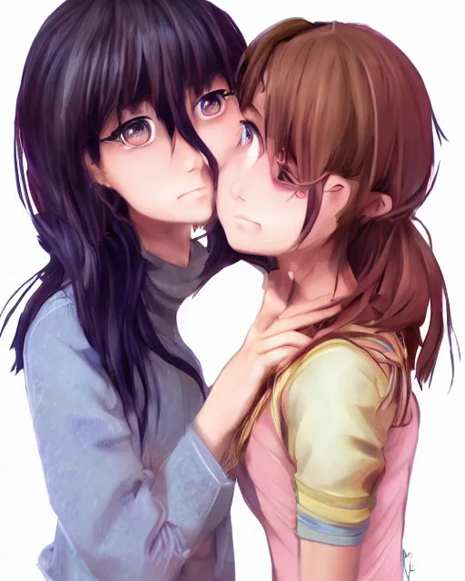 Image similar to portrait of two girls kissing, anime, trending on Artstation