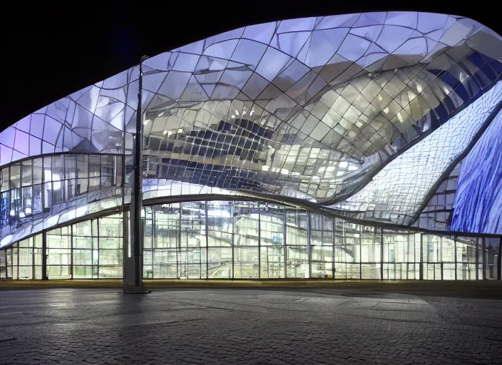 Image similar to mercedes exhibition center exterior at night with rain with large screens designed by antoni gaudi, and concept art