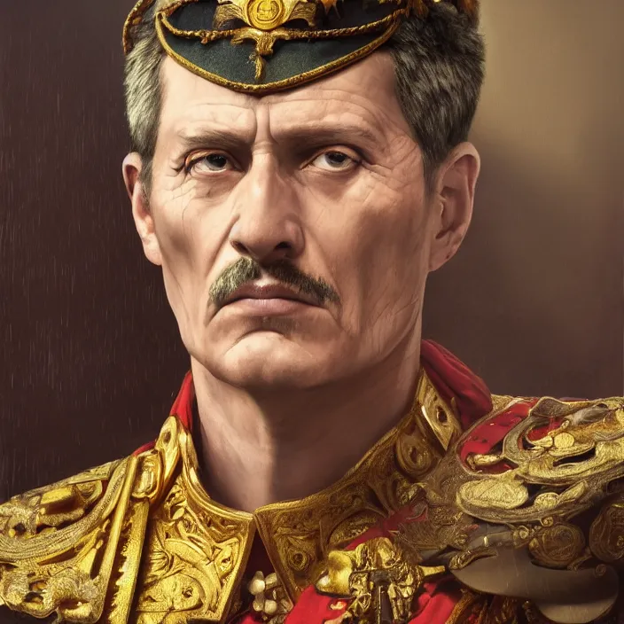 Image similar to excellent painted portrait of the Caesar Invictus the last Emperor of New Rome, dramatic lighting of an emperor's final moment, masterpiece painting with detailed face, 4k, trending on artstation, octane render, art by artgerm and greg rutkowski and alphonse mucha and craig mullins and James Jean and Andrei Riabovitchev and Marc Simonetti and peter mohrbacher