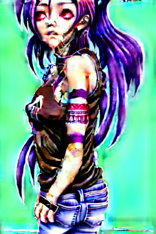 Image similar to a portrait of dilraba dilmurat as revy from black lagoon, smirk, black tank top, jean shorts, brown eyes, purple hair, tribal tattoos right arm sleeve, symmetrical eyes, symmetrical face, art by lois van baarle and loish and ross tran and rossdraws and sam yang and artgerm
