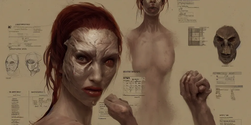 Image similar to woman with flesh mask, character sheet, Greg Rutkowski, Zabrocki, Karlkka, Jayison Devadas, trending on Artstation, 8K, ultra wide angle, zenith view, pincushion lens effect