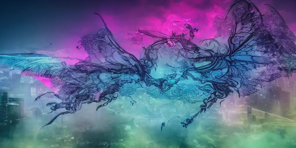 Prompt: dimly lit muted multi-color smoke (blues, greens), muted neon smoke, smoke reminiscent (translucent outline) of fierce flying dragons with large outstretched wings flying, a distant vague city park landscape in the background, photographic, stunning, inspiring, super high energy, swift, fast, fleeting, 8K, 4K, UE5