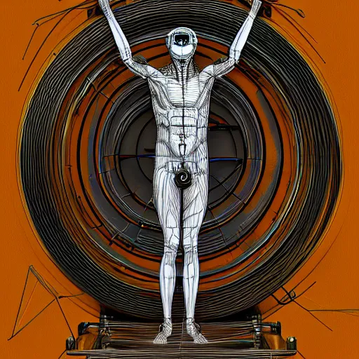 Image similar to a guy standing like the vitruvian man, connected to wires and tubes, wearing goggles, cybernetic, dystopian, Neo Rococo Expressionist, Maximalism, orientalism, diffuse lighting, fantasy, intricate, elegant, highly detailed, lifelike, photorealistic, digital painting, artstation, illustration, concept art, smooth, sharp focus, art by John Collier and Albert Aublet and Krenz Cushart and Artem Demura and Alphonse Mucha