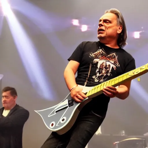 Prompt: heavy metal viktor orban with a flying v guitar