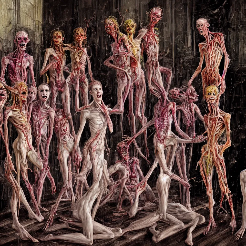 Prompt: bright realistic anorexic end of the world family cult turning into gods and deamons and smiling franticly, old apartment, rotten flesh, diffuse lighting, fantasy, intricate, elegant, highly detailed, lifelike, photorealistic, digital painting, artstation, illustration, concept art, smooth, sharp focus, art by francis bacon and jenny saville