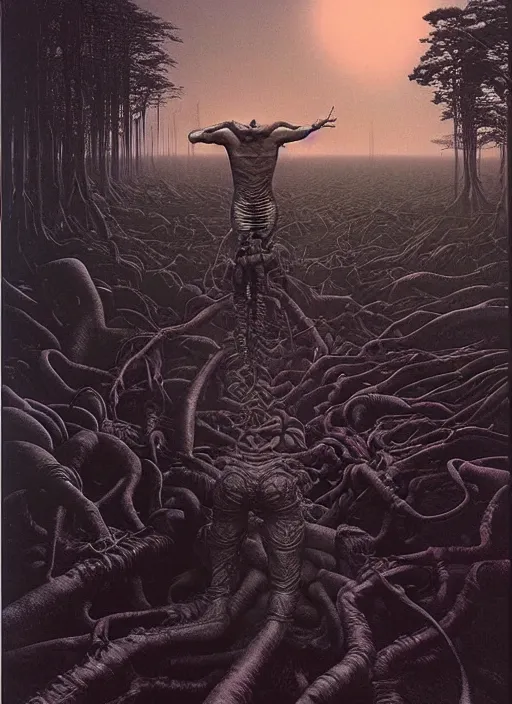 Image similar to hyper realistic end of the world by zdzisław beksinski and norman rockwell and greg rutkowskiweta studio, tokyo futuristic in background, and lucasfilm, realm of the ovarian machine, horror art, the darkest hour