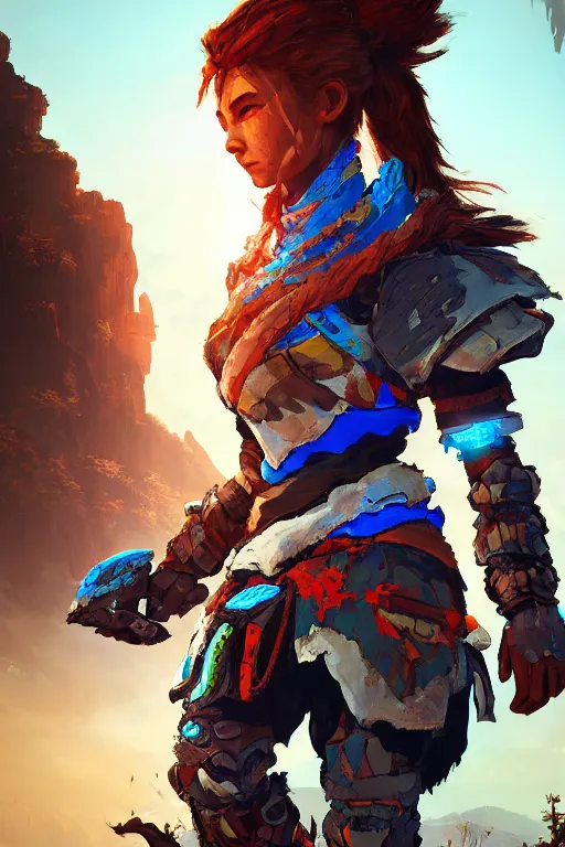 Image similar to combination suit armor aloy horizon forbidden west horizon zero dawn radiating a glowing aura global illumination ray tracing hdr fanart arstation by ian pesty and alena aenami artworks in 4 k tribal robot ninja mask helmet backpack