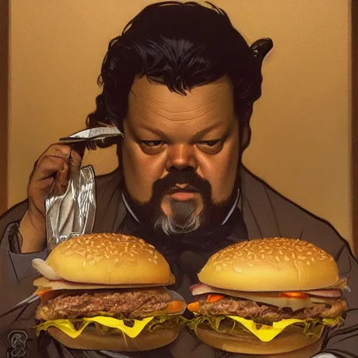 Image similar to amazing lifelike award winning pencil illustration of Orson Welles eating Hamburgers trending on art station artgerm Greg rutkowski alphonse mucha cinematic