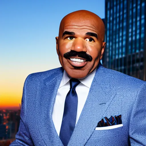 Image similar to Steve Harvey with blue skin, city rooftop at sunset