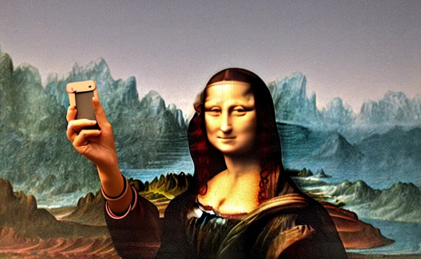 Prompt: Mona Lisa taking a selfie on the beach in the year 2000