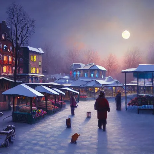 Prompt: outdoor markets inspired by Evgeny Lushpin,midnight,full moon,clouds,winter