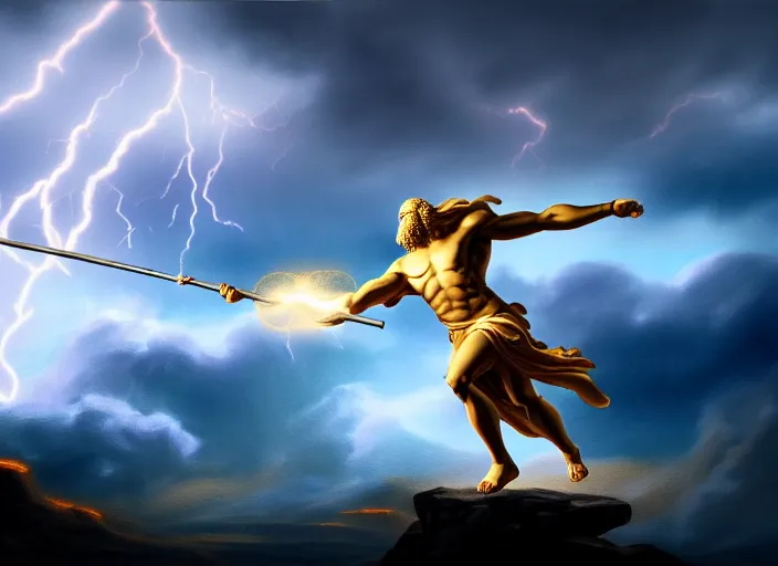 Image similar to soft painting of zeus fighting chronos with a spear of lightning at the top of mount olympus. fantasy style. highly detailed 8 k. intricate. lifelike. soft light. nikon d 8 5 0 5 5 mm. dof. cinematic post - processing.