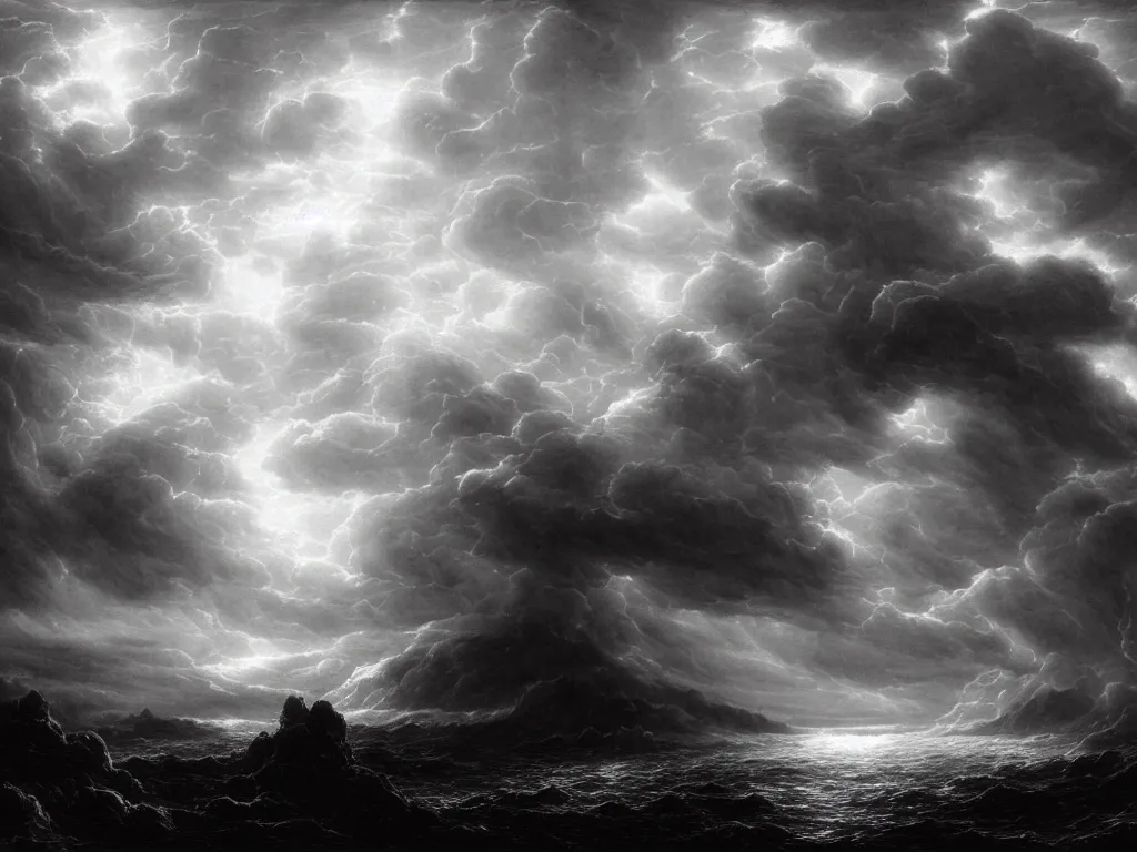 Image similar to very detailed, dark super storm, hyper realistic clouds that resemble rock formations, impressive, magical, very atmospheric, fog, cinematic, deep, very high complexity, stunning, dramatic masterpiece, iridescent, chiaroscuro, by gustave dore, caspar david friedrich, ian miller, very detailed. 4 k