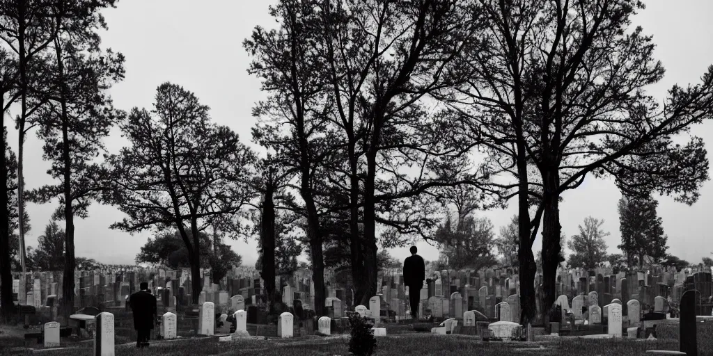Prompt: Photo of a lone man in a black suit standing in a cemetery, bad weather