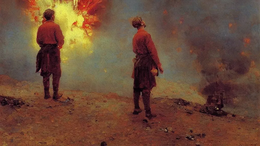 Image similar to high quality high detail painting by ilya repin, man standing in front of huge explosion, hd