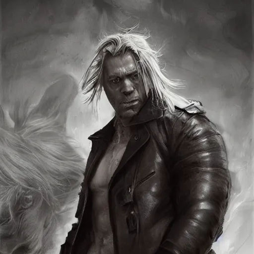 Image similar to portrait of a muscular, grim, ponytail haired blonde man in his late 30's, wearing a thick brown leather coat, looking to his side, scarred face, hunter, DnD character, fantasy character, dramatic lighting, high detail, graphite black and white by Ruan Jia, Krenz Cushart, Rossdraws and Boris Vallejo