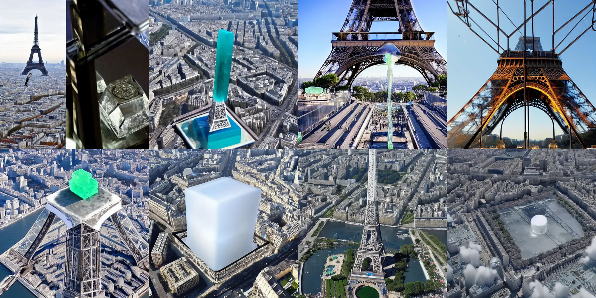 Prompt: gigantic ice cube pinned at the top of the eiffel tower, hyperdetailed, modern art,