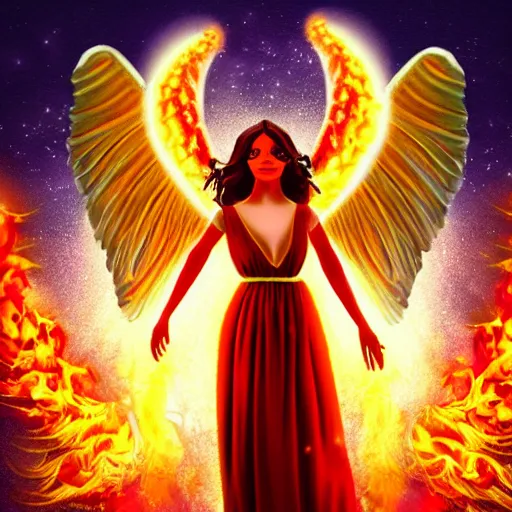 Prompt: epic portrait of an angel with flaming wings, flying in the sky