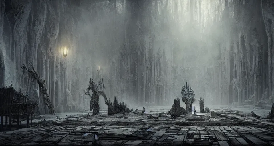 Image similar to king of the wolves - fantasy, inside the king's hall wolves and their treasures, ethereal, ominous, misty, 8 k, by h. r. giger and greg rutkowski, the last guardian by fumito ueda - elden ring