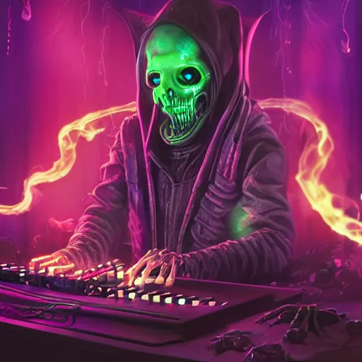 Image similar to cyberpunk undead lich ilithid mindflayer playing synthesizer, honeycomb background, D&D, smokey lights, lasers, highly detailed, realistic, technology and magic,