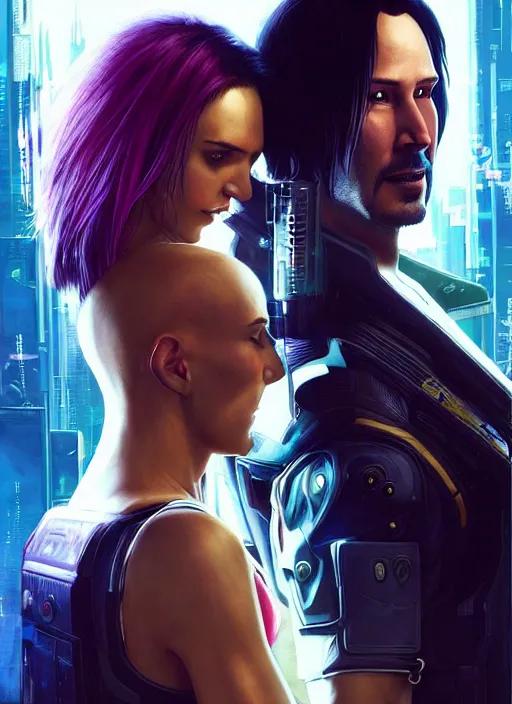 Prompt: a cyberpunk 2077 couple portrait of a Keanu Reeves as johnny silverhand and a female android in final kiss,love,fantasy, intricate, elegant,by Alex Horley,Heather Theurer,aaron horkey,Greg Rutkowski,artstation,deviantart,FAN ART,Digital painting,face enhance,highly detailed,8K,octane,golden ratio,cinematic lighting