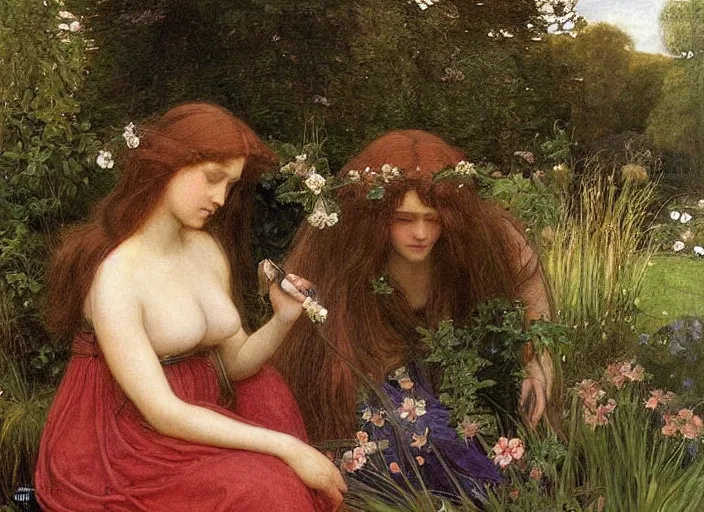 Image similar to a very very very beautiful Pre-Raphaelite painting of two women in a lush garden brushing their hair, by Waterhouse