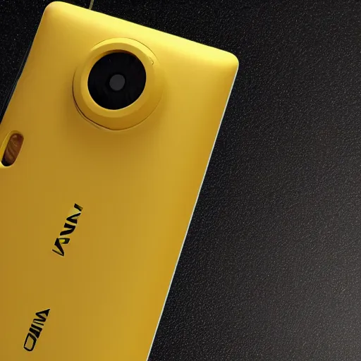 Image similar to a highly detailed render of a modern day yellow nokia lumia phone with a bezelless screen and hole punch camera
