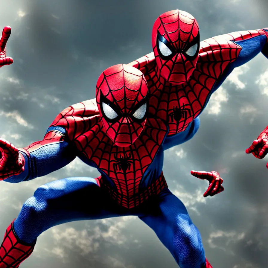 Image similar to red and yellow, dark fantasy spiderman outfit, large eyes, white webbing, movie still from the avengers