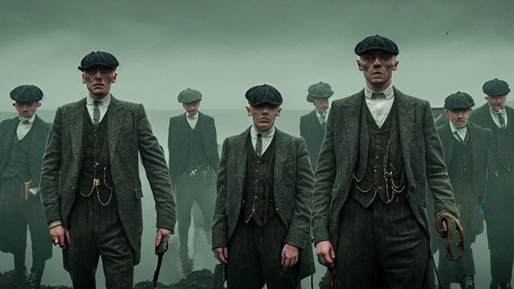 Image similar to the peaky blinders made of fish coming out of the ocean film still from the movie directed by denis villeneuve with art direction by zdzis