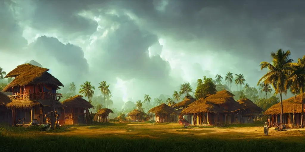 Prompt: establishing shot of a kerala village, architectures by zaha hadid, an epic fantasy, dramatic lighting, cinematic, extremely high detail, photorealistic, cinematic lighting, matte painting, artstation, by simon stalenhag, horizon forbidden west